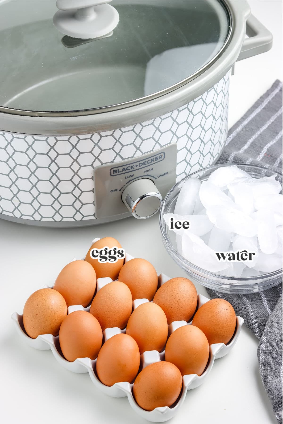 ingredients for making crock pot hard boiled eggs with text overlay