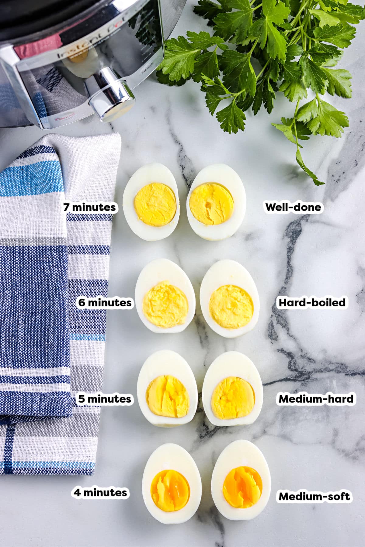 An overhead picture of the finished eggs with text overlay showing the different doneness of the eggs and how many minutes they were cooked in the instant pot.