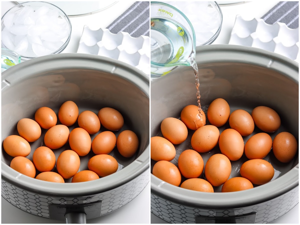 process shots for making hard boiled eggs by putting them in the crockpot and covering the eggs with water