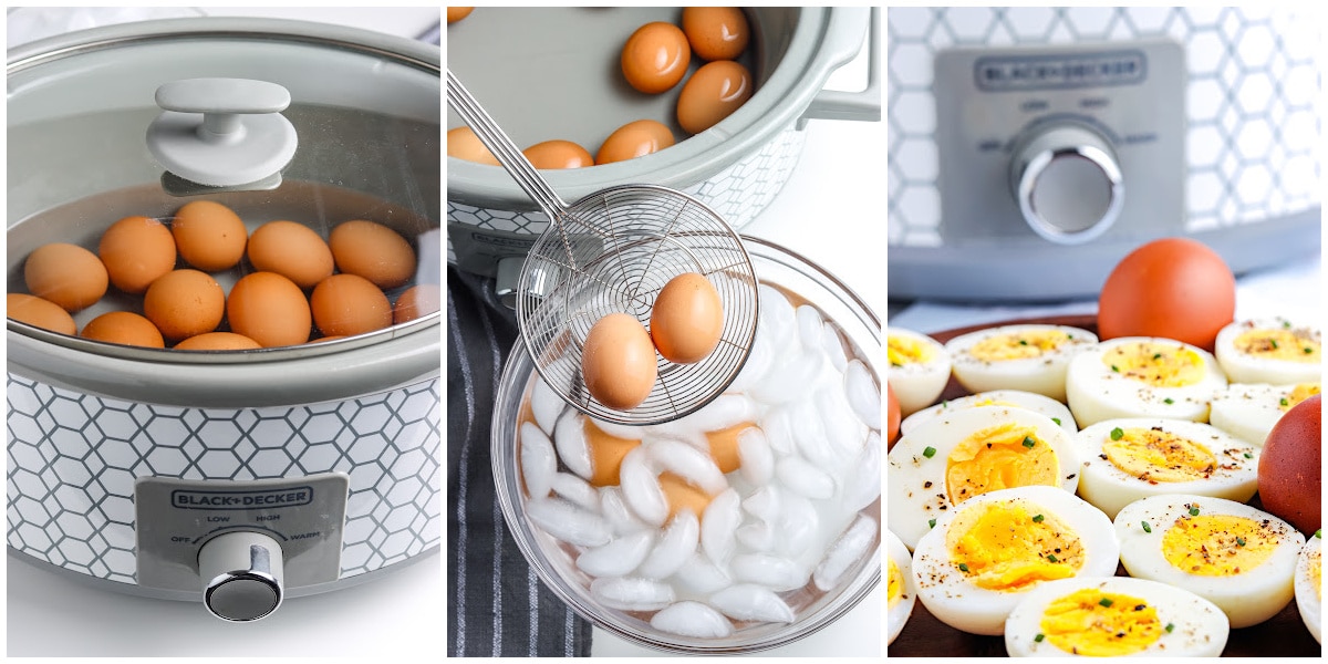 process shots for making hard boiled eggs by cooking them in a crock pot, putting them in an ice bath, and peeling and serving