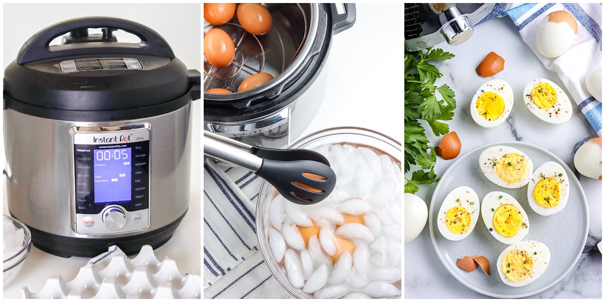 a collage showing how to make instant pot hard boiled eggs by setting the timer on the instant pot, putting the cooked eggs in an ice bath, and peeling the eggs to eat