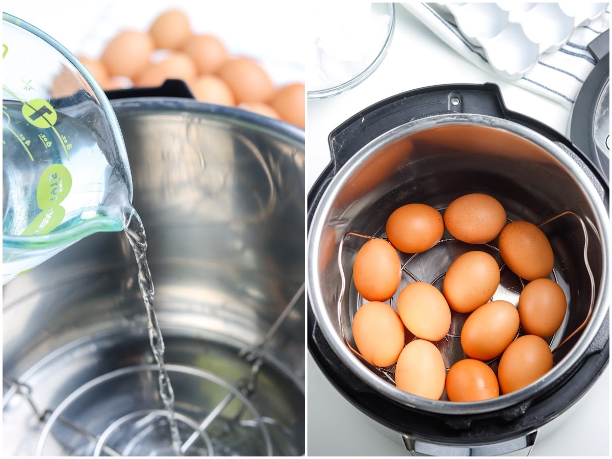a collage showing how to make hard boiled eggs in the instant pot by pouring in water and then adding the eggs to the pot