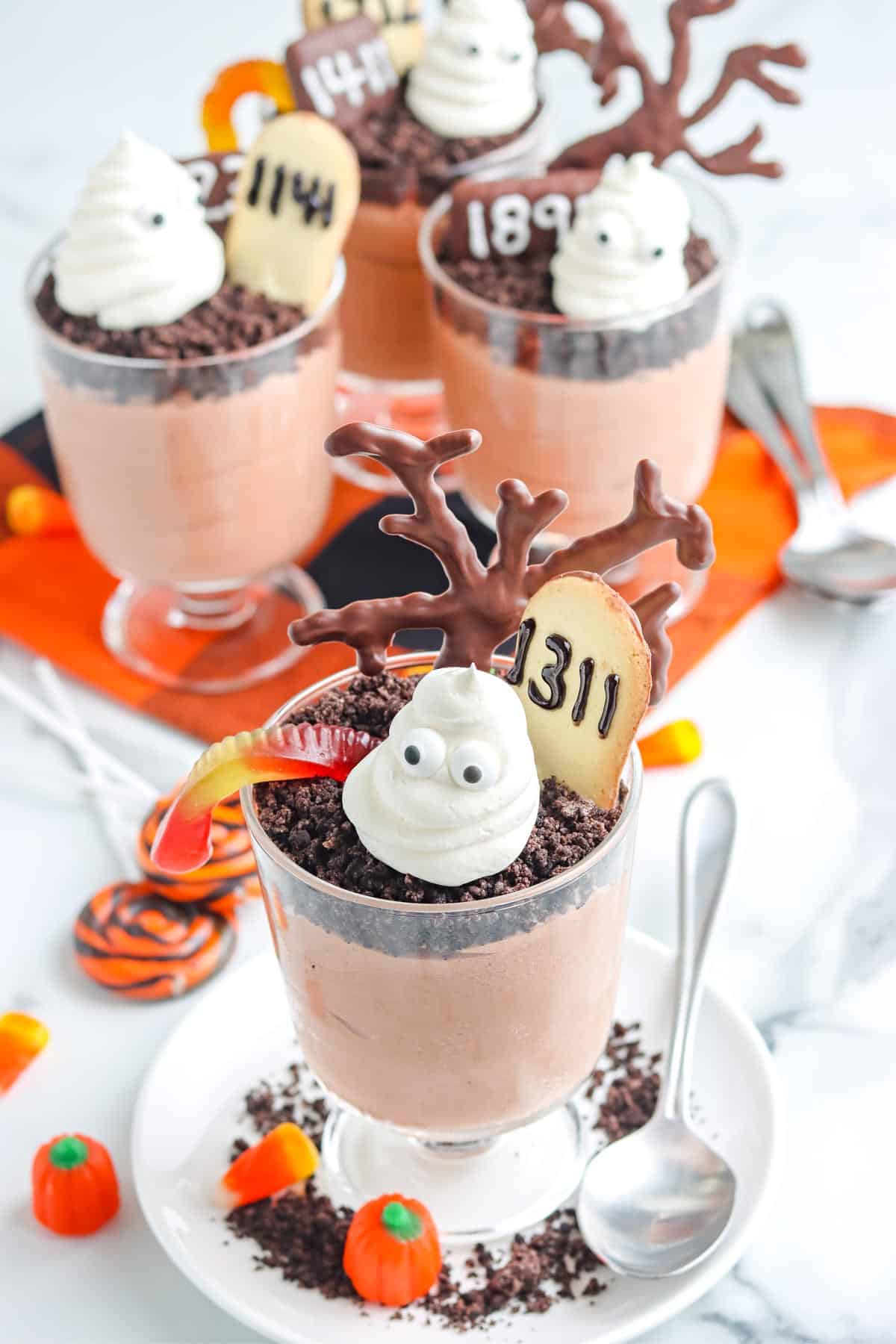 An overhead shot of the Ghosts in the Graveyard Dessert Parfaits. 