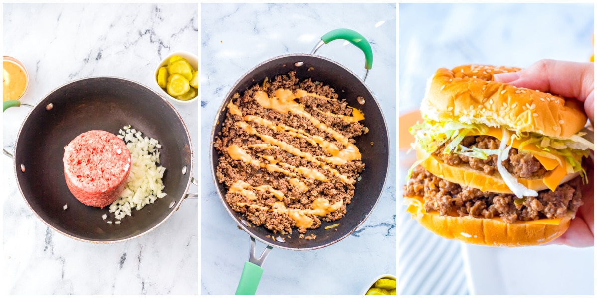 A picture collage showing how to make this Big Mac Sloppy Joes recipe.