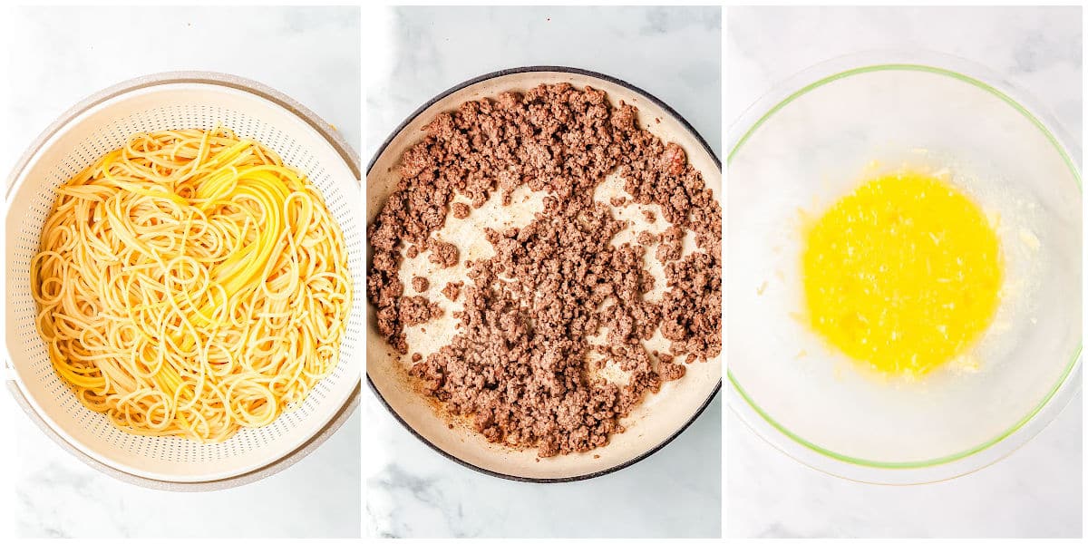 a collage of cooked noodles, browning beef, and mixing egg mixture