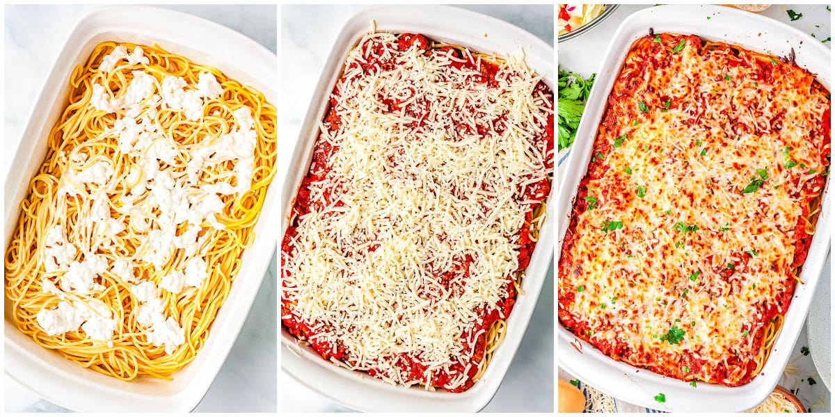 a collage of the steps to layering the ingredients in the casserole dish.