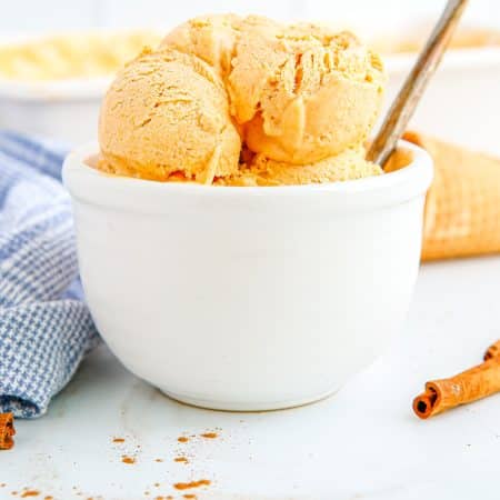 A bowlful of the finished no-churn Pumpkin Pie Ice Cream.