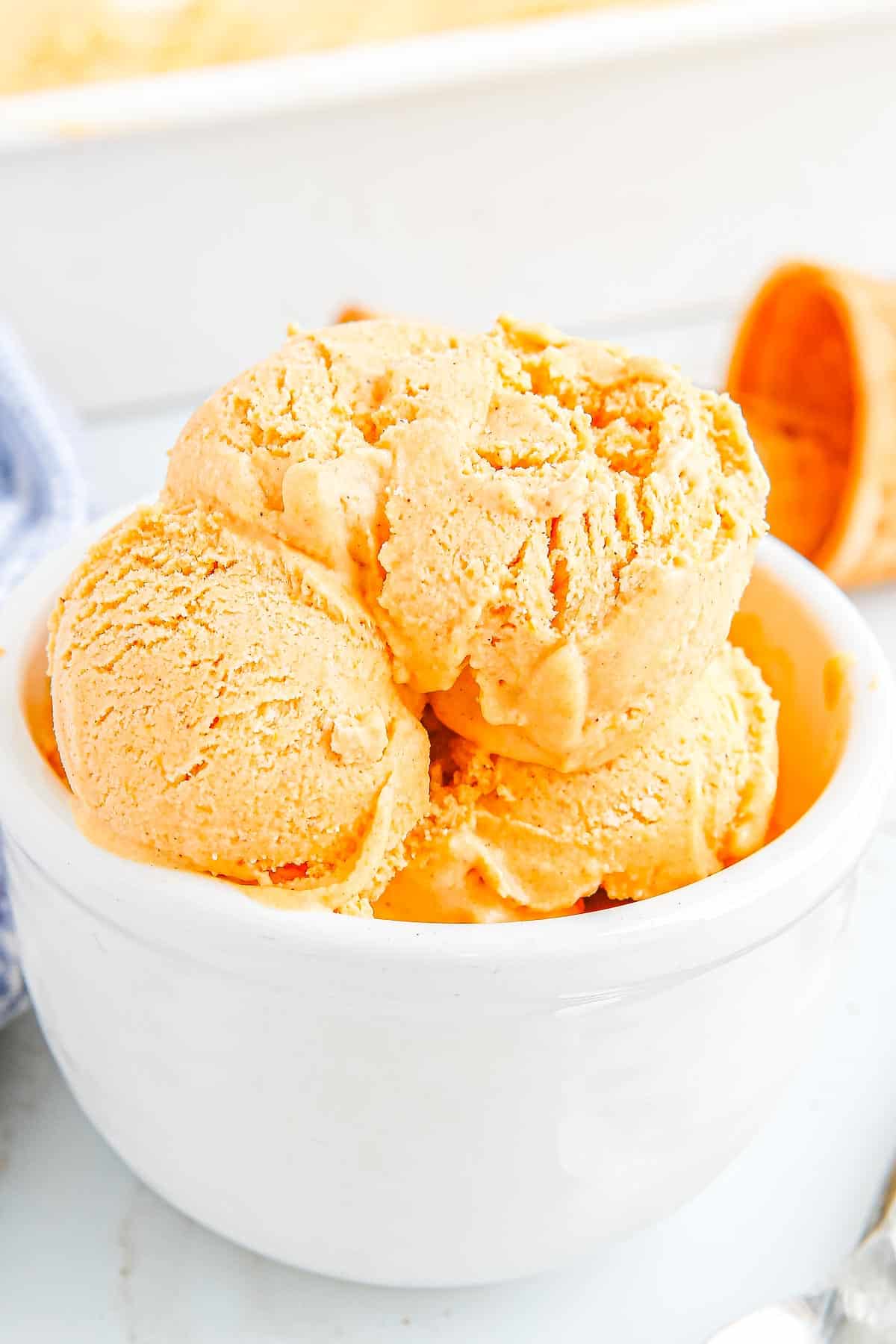 A close up picture of the finished Pumpkin Pie Ice Cream in a white bowl.