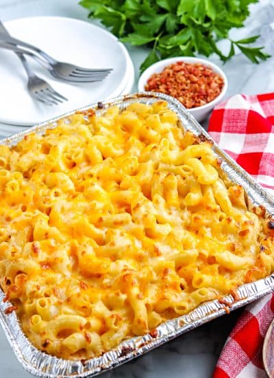 The finished Smoked Mac and Cheese cooked in a foil pan.