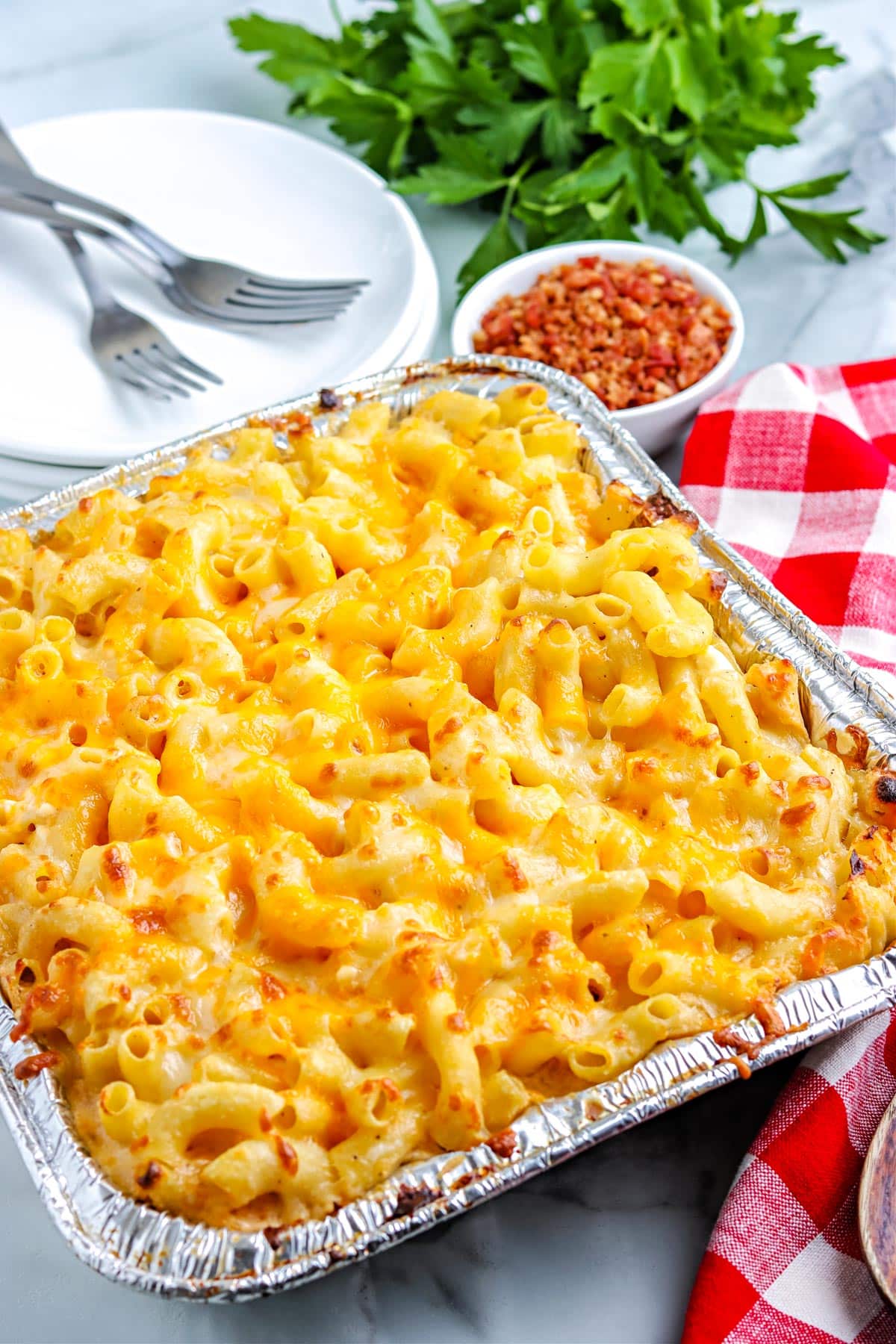 The finished Smoked Mac and Cheese cooked in a foil pan.
