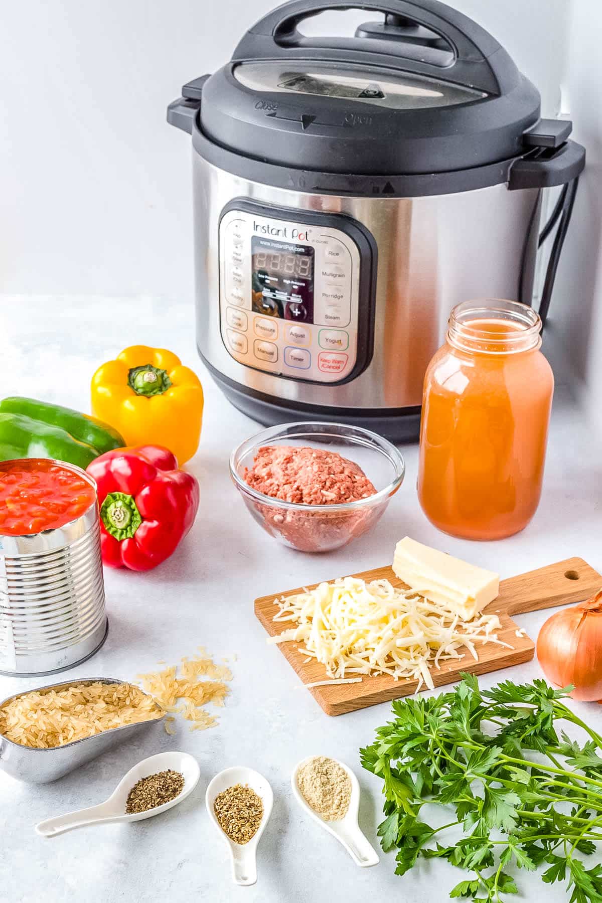 All of the ingredients needed to make this Instant Pot Stuffed Pepper Soup.