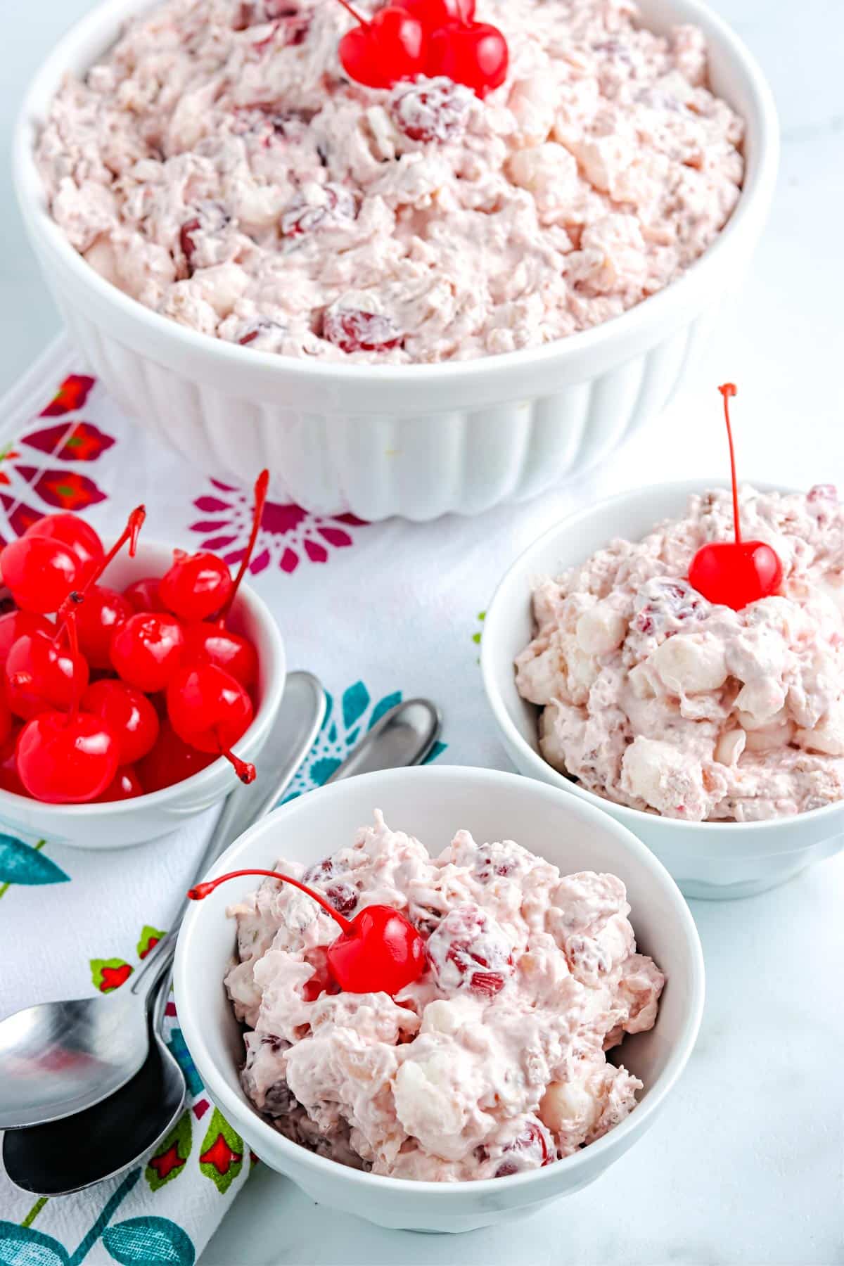 The finished Cherry Fluff in small serving bowls.