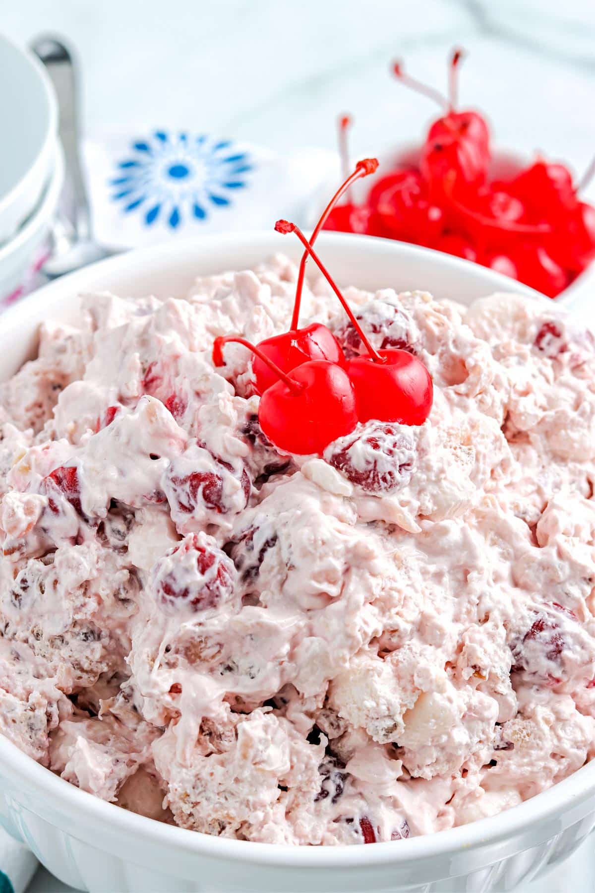 A close up picture of the finished Cherry Salad in a serving bowl.