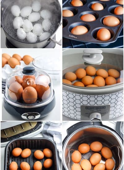 A picture collage showing the different methods for How To Make Hard Boiled Eggs.