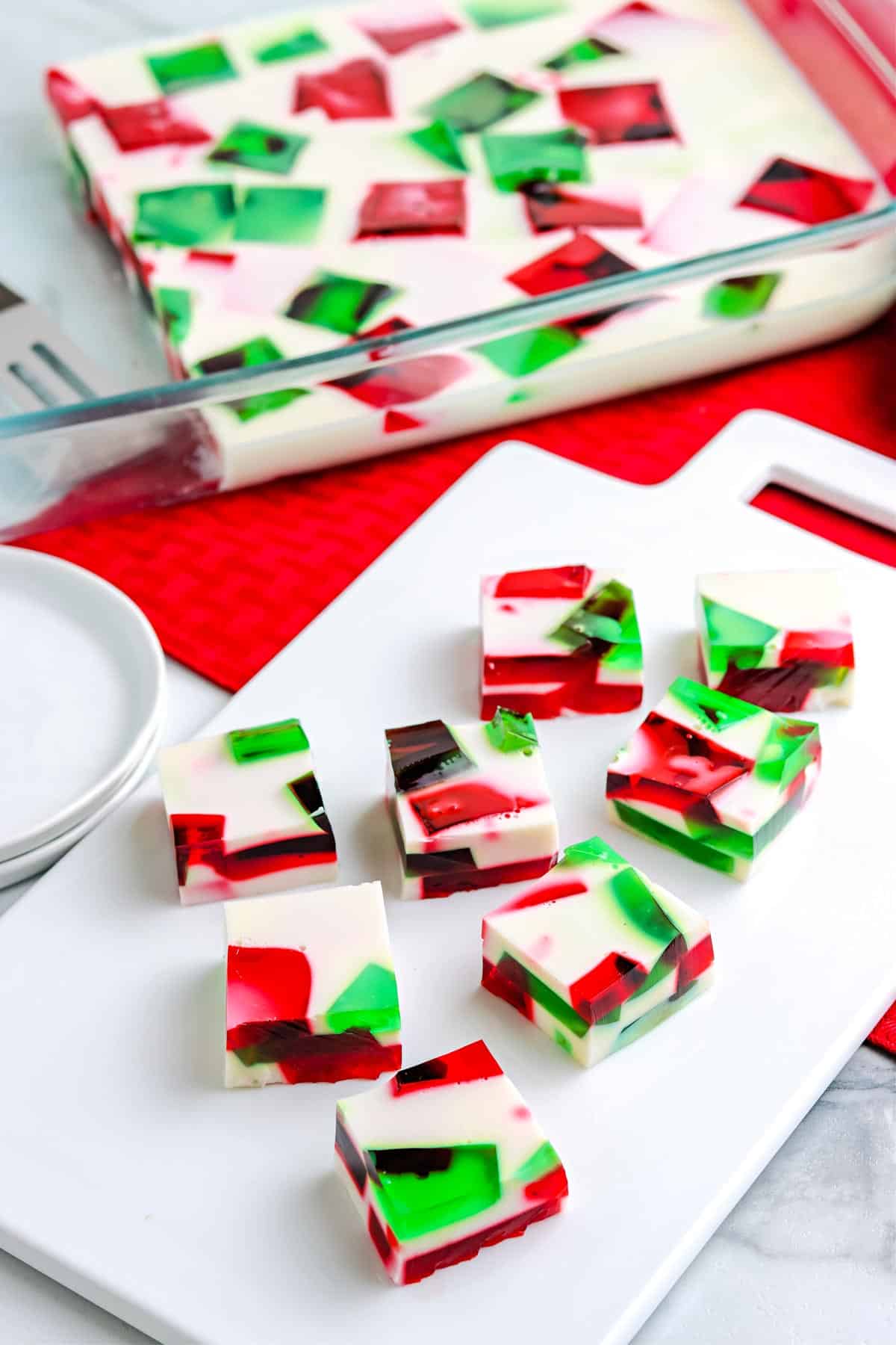 Stained Glass Jello on a white serving platter.