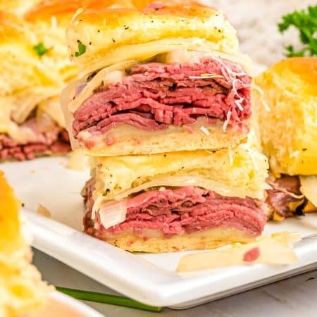 The finished French Dip Sliders made on Hawaiian Rolls.