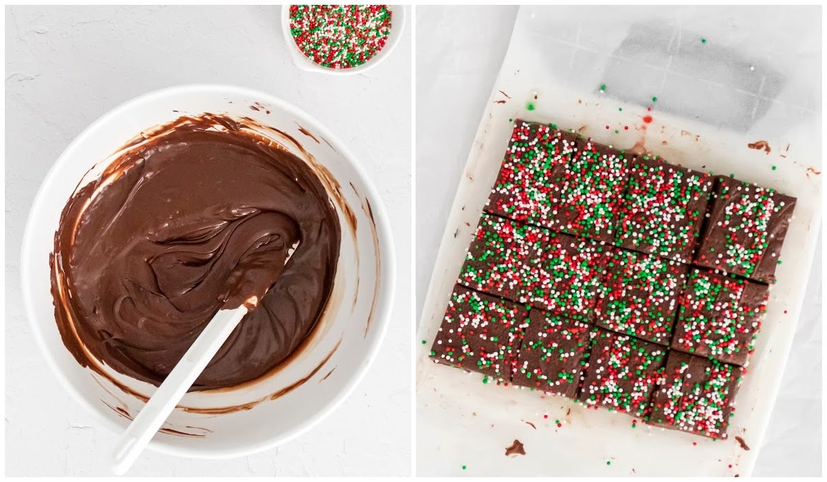 a collage showing how to make fudge by melting the ingredients and mixing together, and pouring in the pan and topping with sprinkles