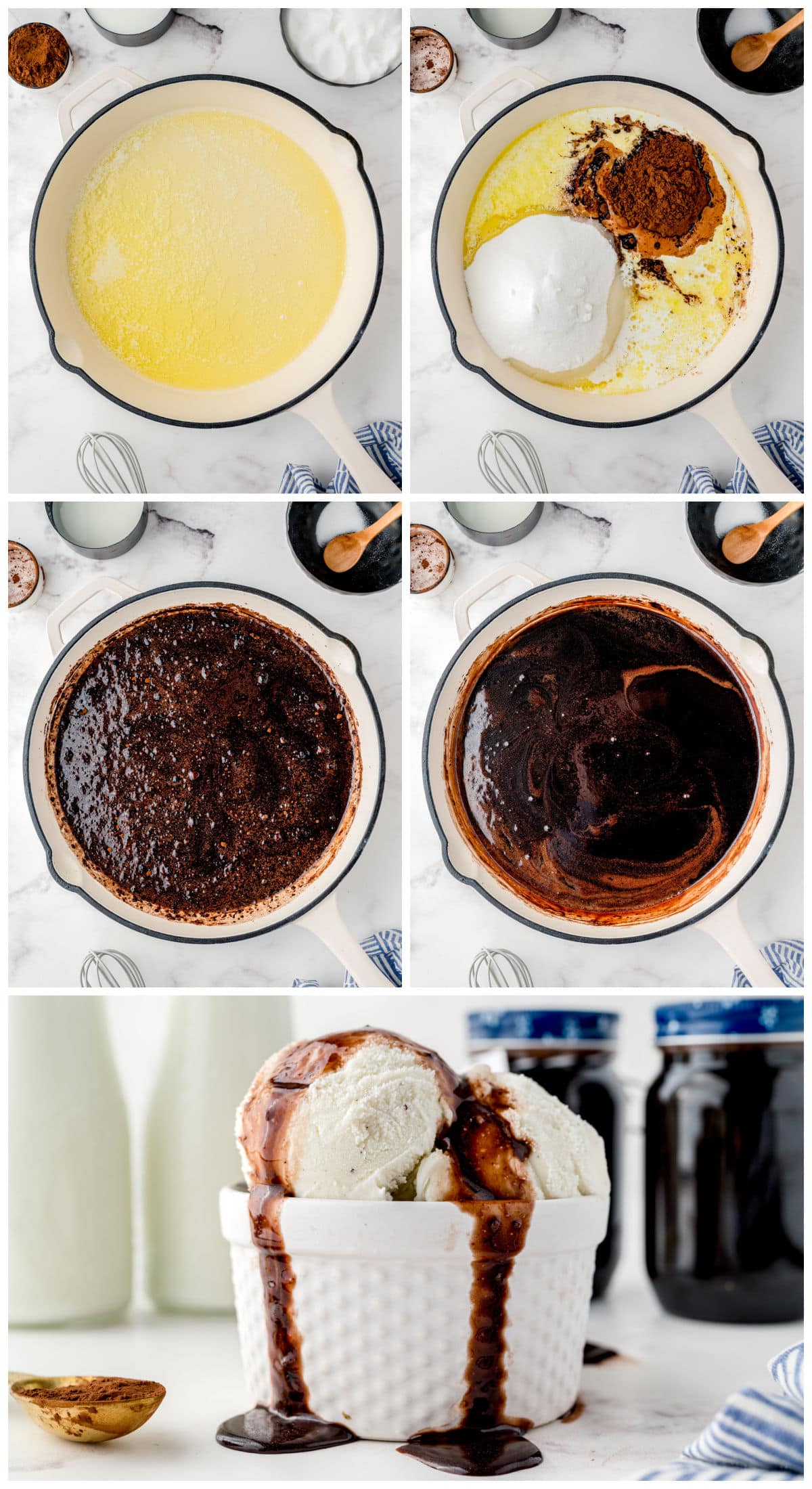A picture collage showing how to make Chocolate Syrup