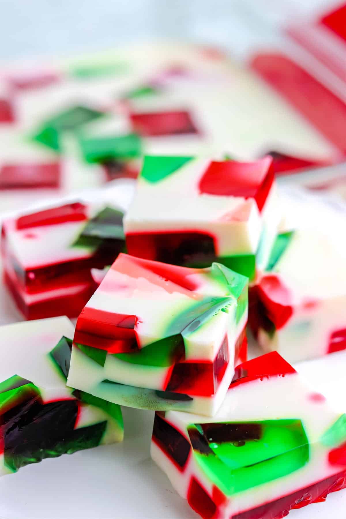 A close up picture of the finished Broken Glass Jello Recipe cut into squares.