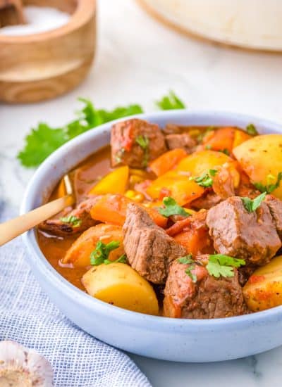 A close up picture of the finished Mexican Beef Stew in a soup bowl.