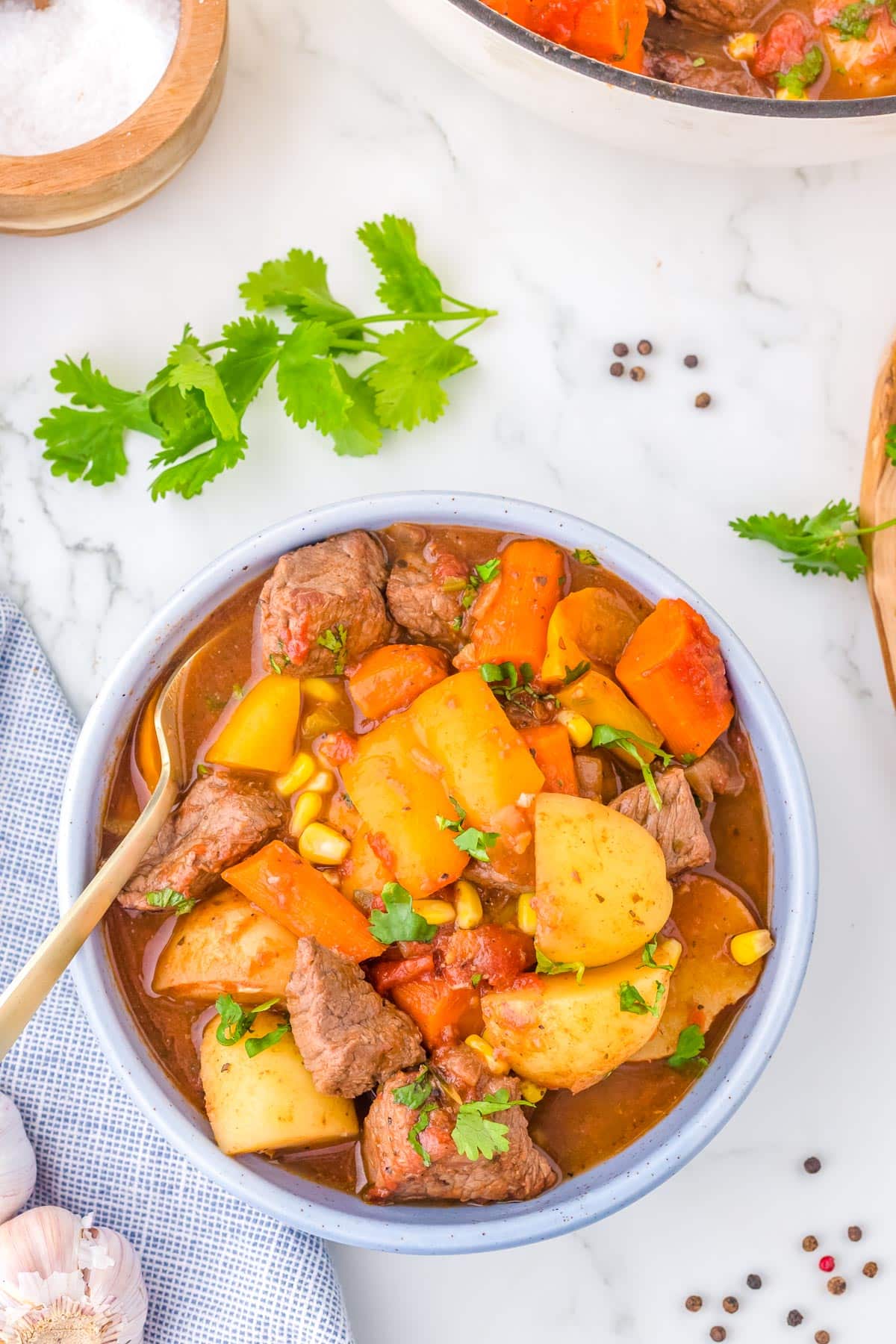 An overhead picture of the finished Mexican Stewed Beef in a grey soup bowl.
