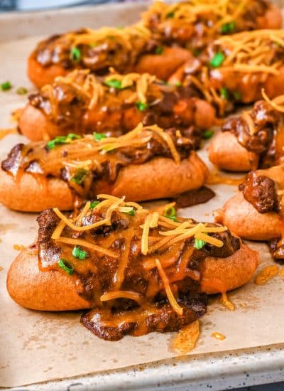 The finished Chili Cheese Corn Dogs on a baking sheet.