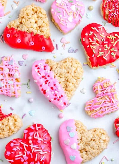 An overhead picture of the finished Heart Shaped Rice Krispie Treats on a white countertop.