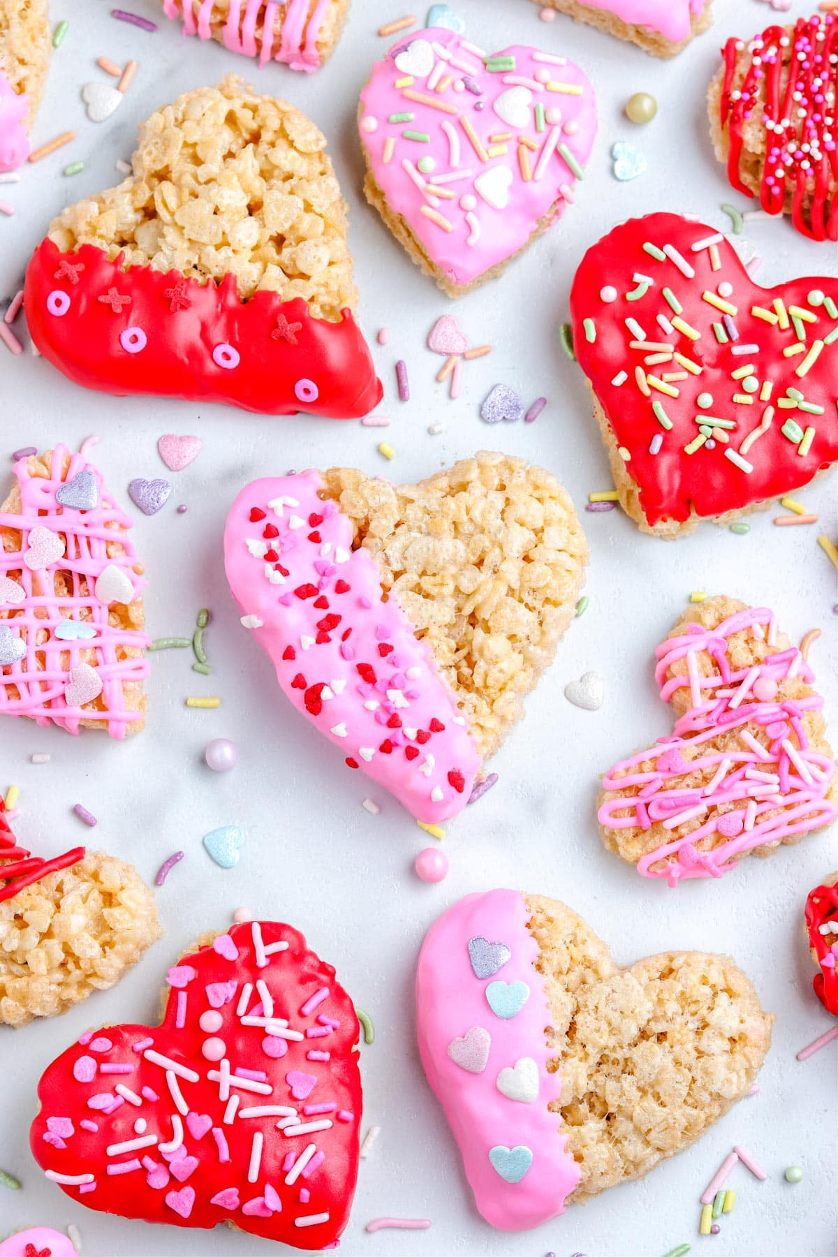 An overhead picture of the finished Heart Shaped Rice Krispie Treats on a white countertop. 