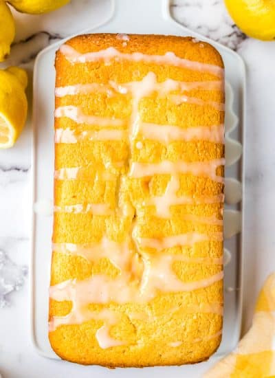 An overhead picture of the Lemon Bread on a white serving platter.