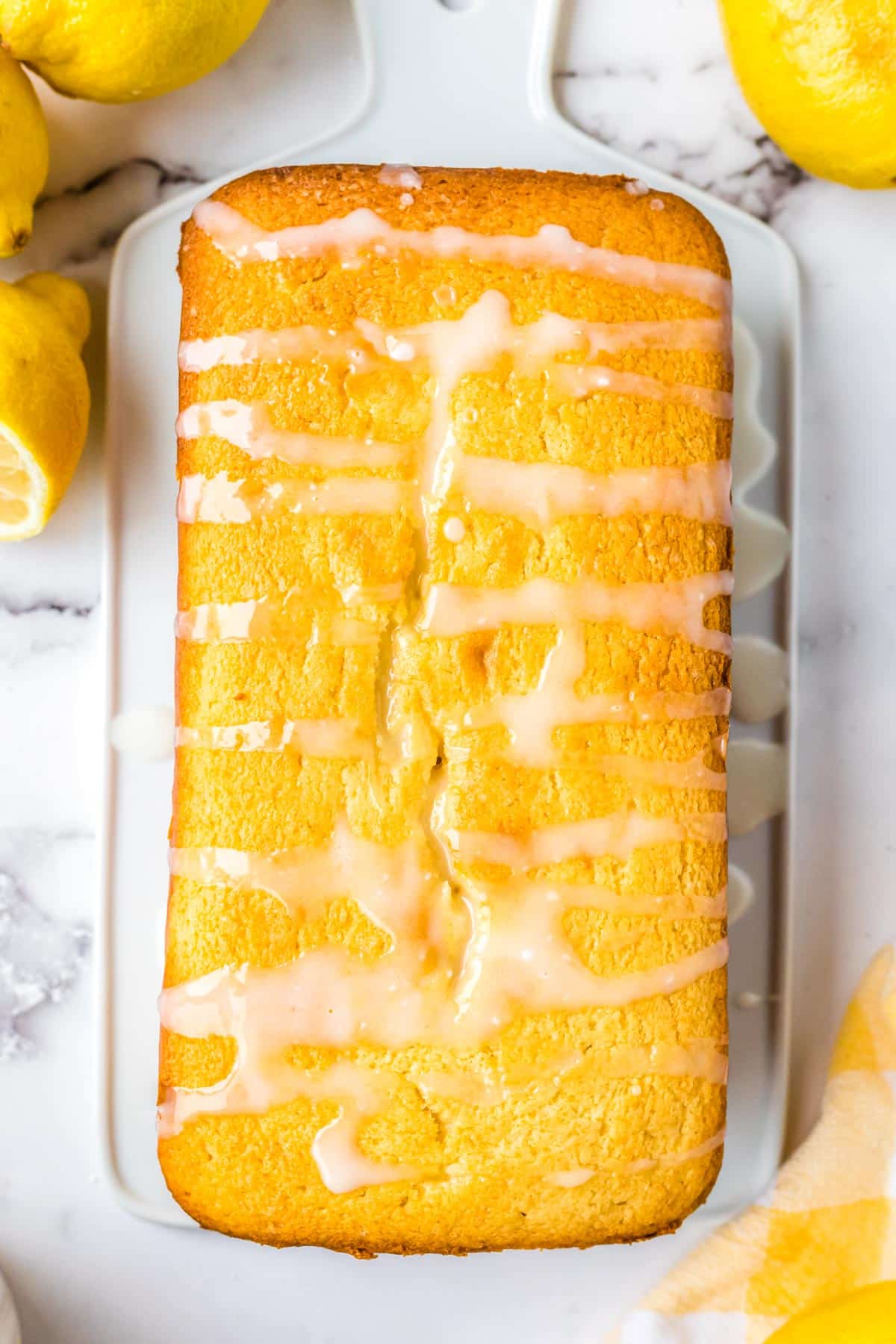 An overhead picture of the Lemon Bread on a white serving platter. 
