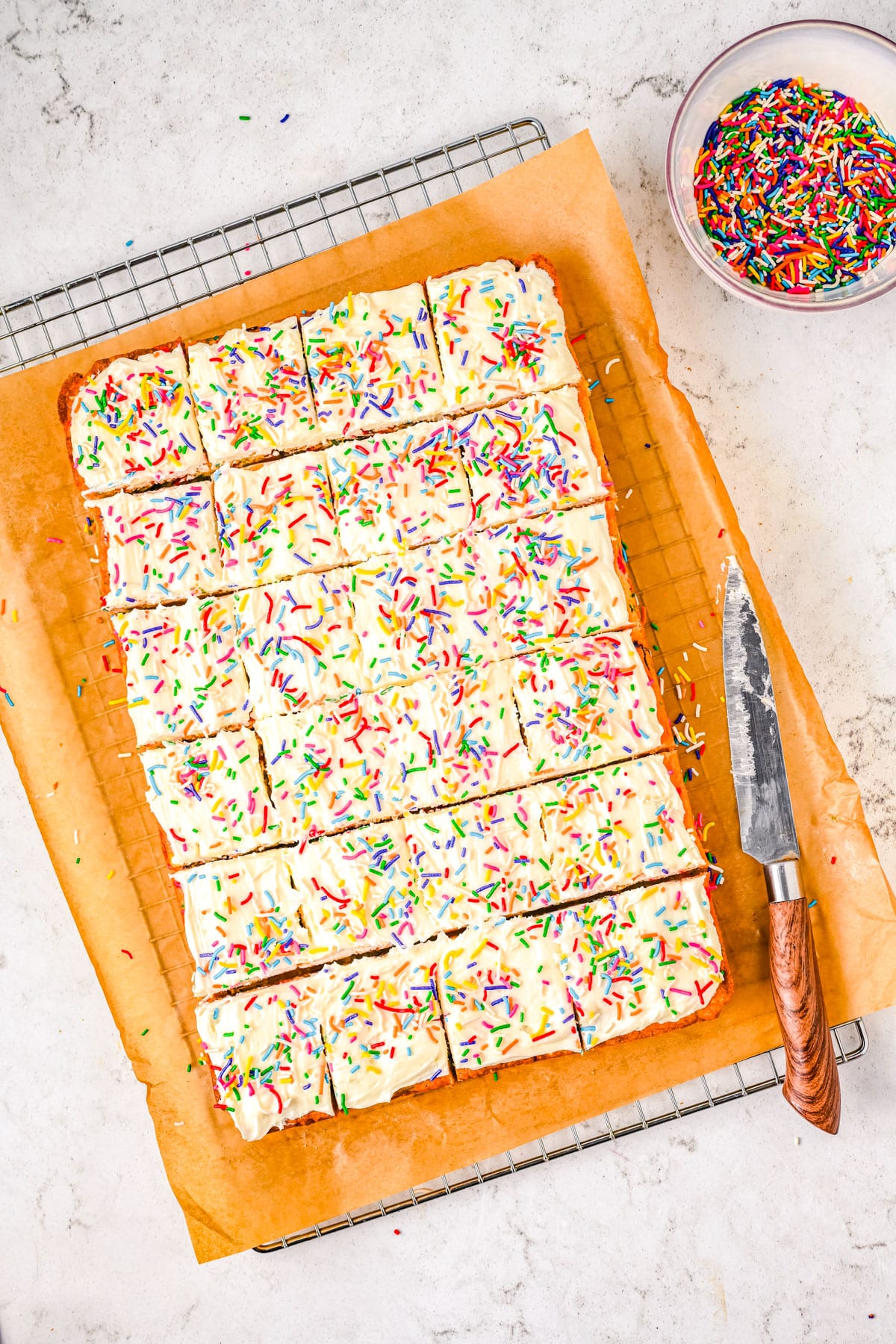 An overhead picture of the finished Funfetti Cookie Bars Recipe.