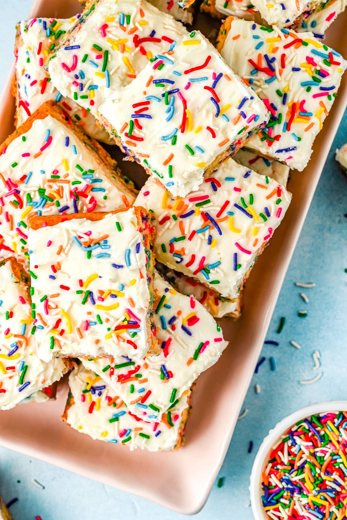 The finished Funfetti Sugar Cookie Bars on a white platter.