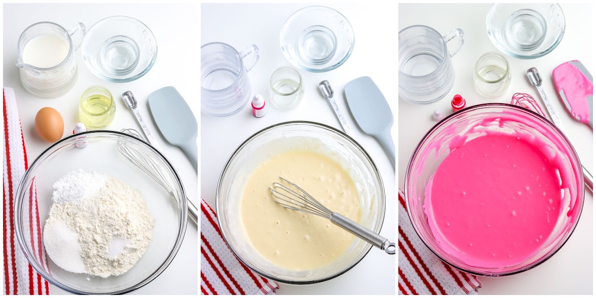 a collage showing how to make pink pancakes, by mixing the dry ingredients, the wet ingredients, and then the food coloring