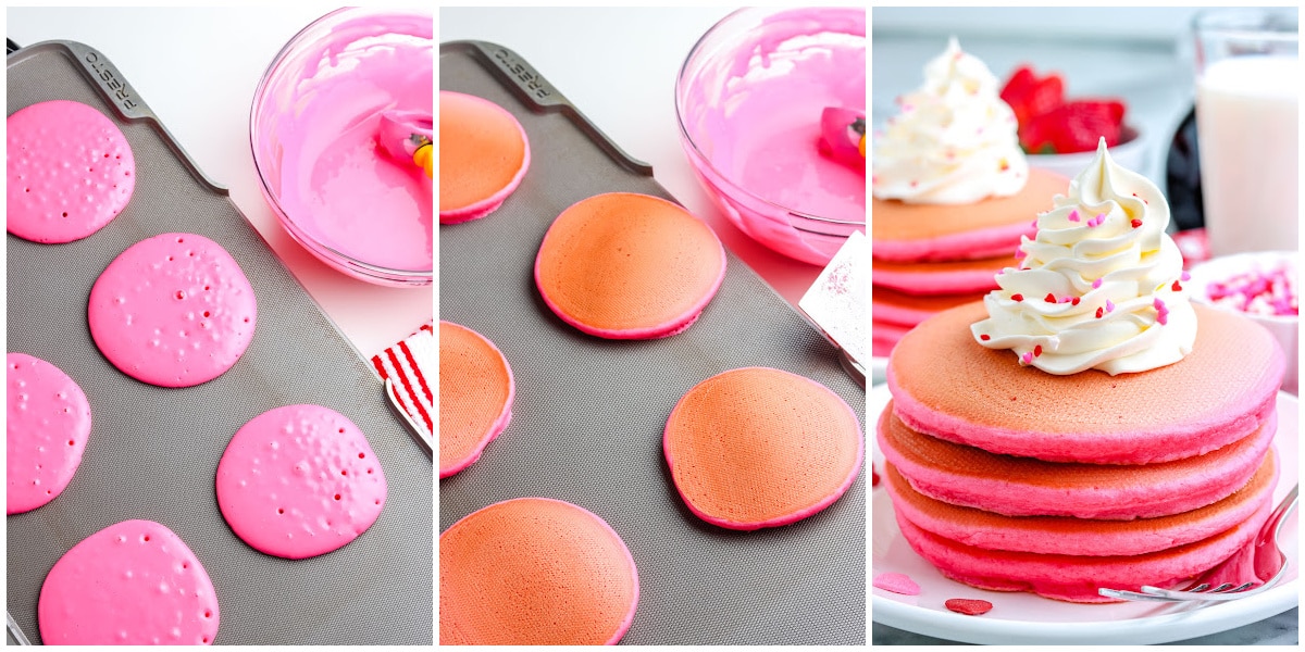 a collage showing how to make pink pancakes by pouring the batter on the griddle, cooking the pancakes, topping with garnishes and serving
