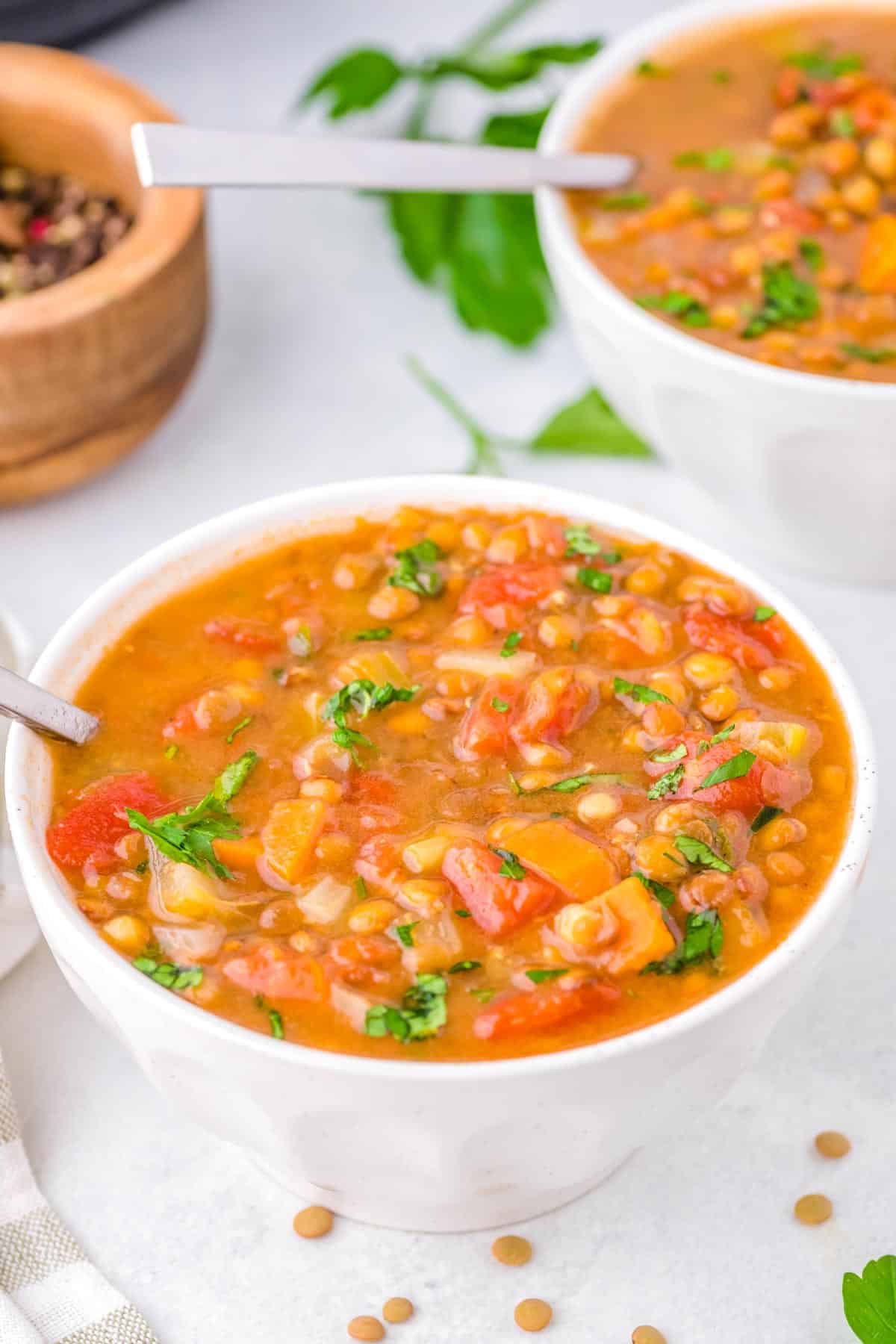 A big bowl full of this Lentil Soup Recipe made in an Instant Pot.