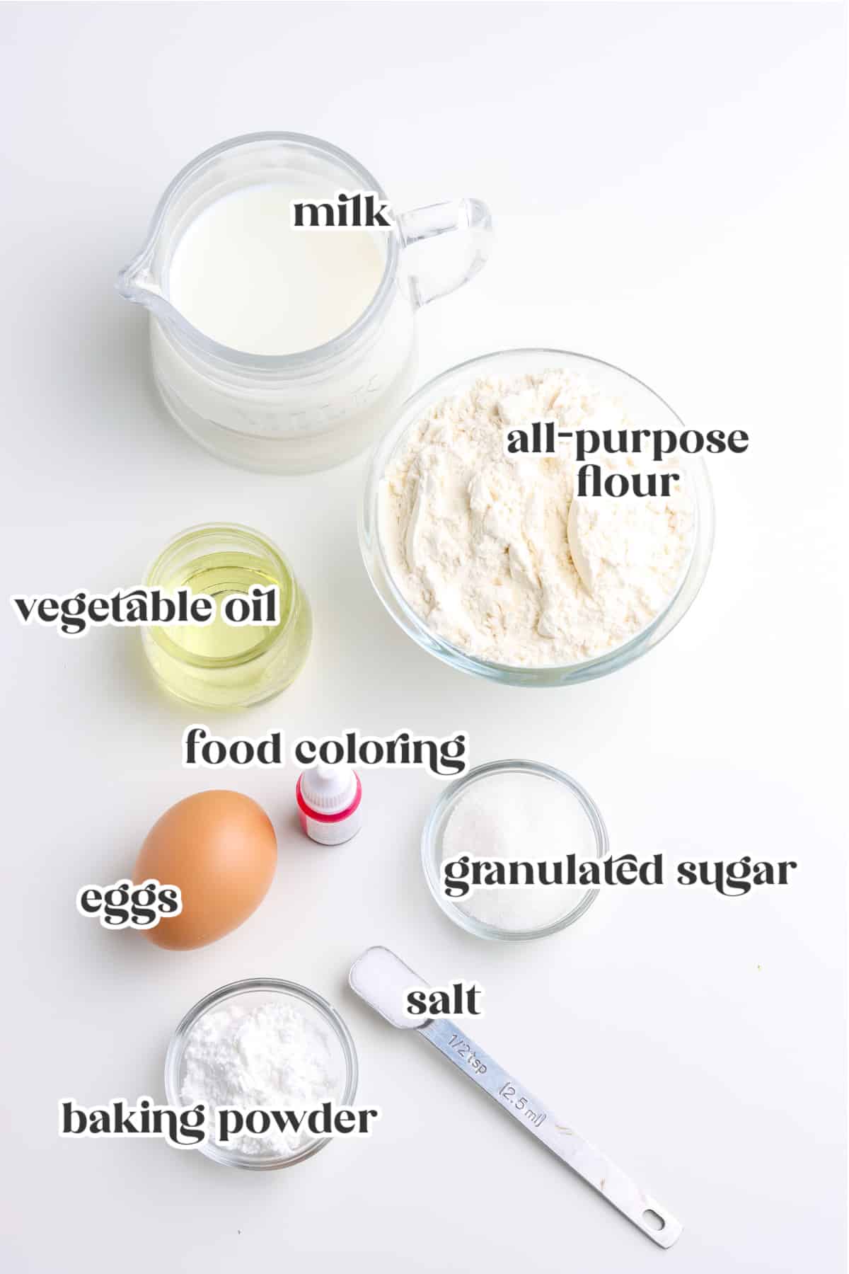 ingredients for pink pancakes with text overlay