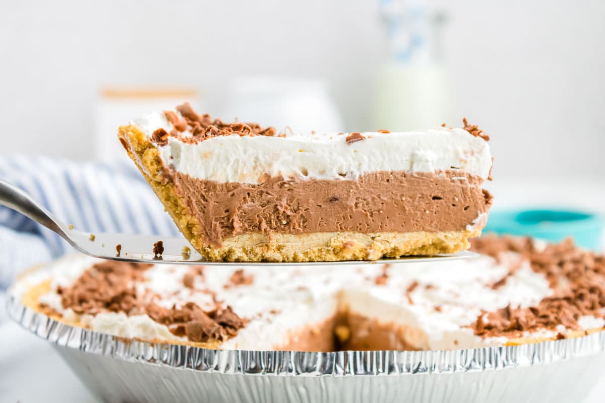 A close up picture of a slice of Chocolate Silk Pie.