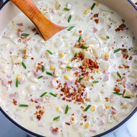 A close up picture of the finished Ham and Potato Corn Chowder in a large pot.
