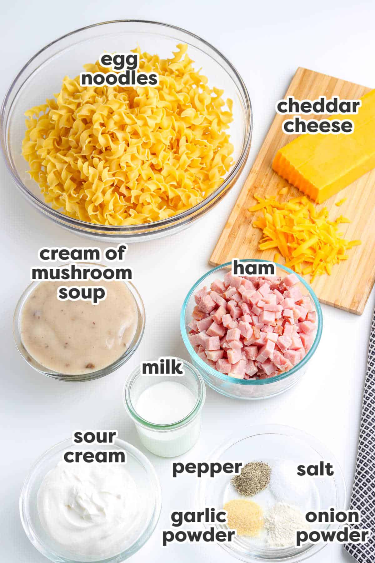 The ingredients for this recipe with text overlay labeling each ingredient. 