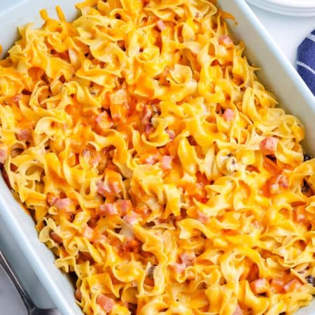 A close up overhead picture of the finished Ham and Noodle Casserole recipe.