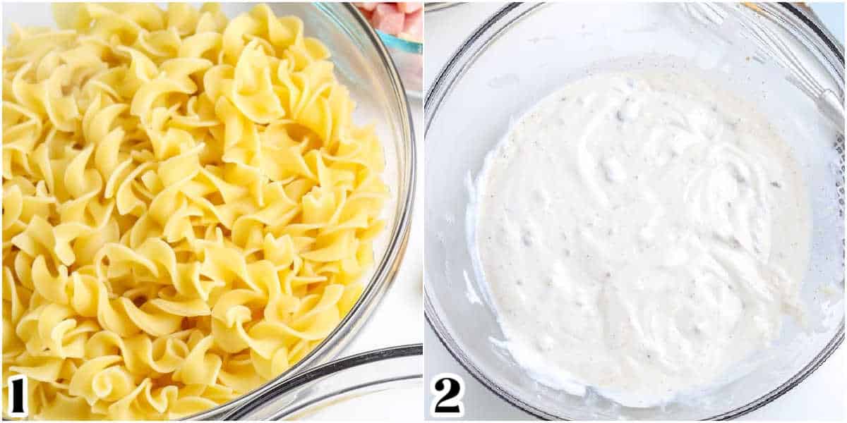 The noodles are cooked and drained, and the creamy mixture is mixed in a bowl.