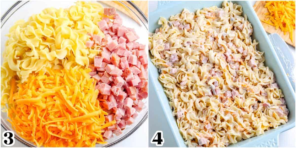 The noodles, cheese, ham, cream of mushroom soup, and seasonings mixed together and places in a casserole dish.
