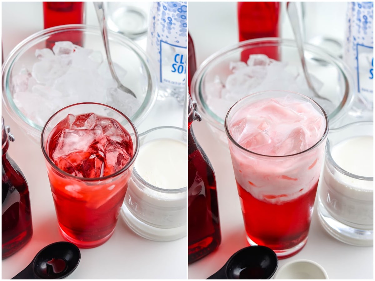 a collage showing how to make Italian sodas by adding the syrup and cream to the glass