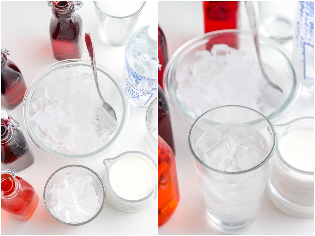 a collage showing how to make Italian sodas by adding ice to the glass and then adding club soda