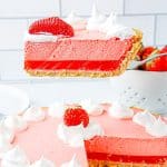 A close up picture of a slice of Strawberry Jello Pie .