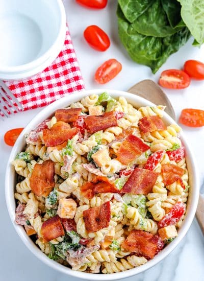 An overhead picture of BLT Pasta Salad in a white serving bowl.