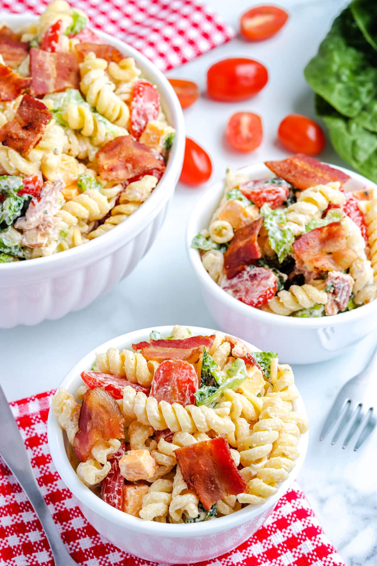BLT Pasta Salad in white bowls.