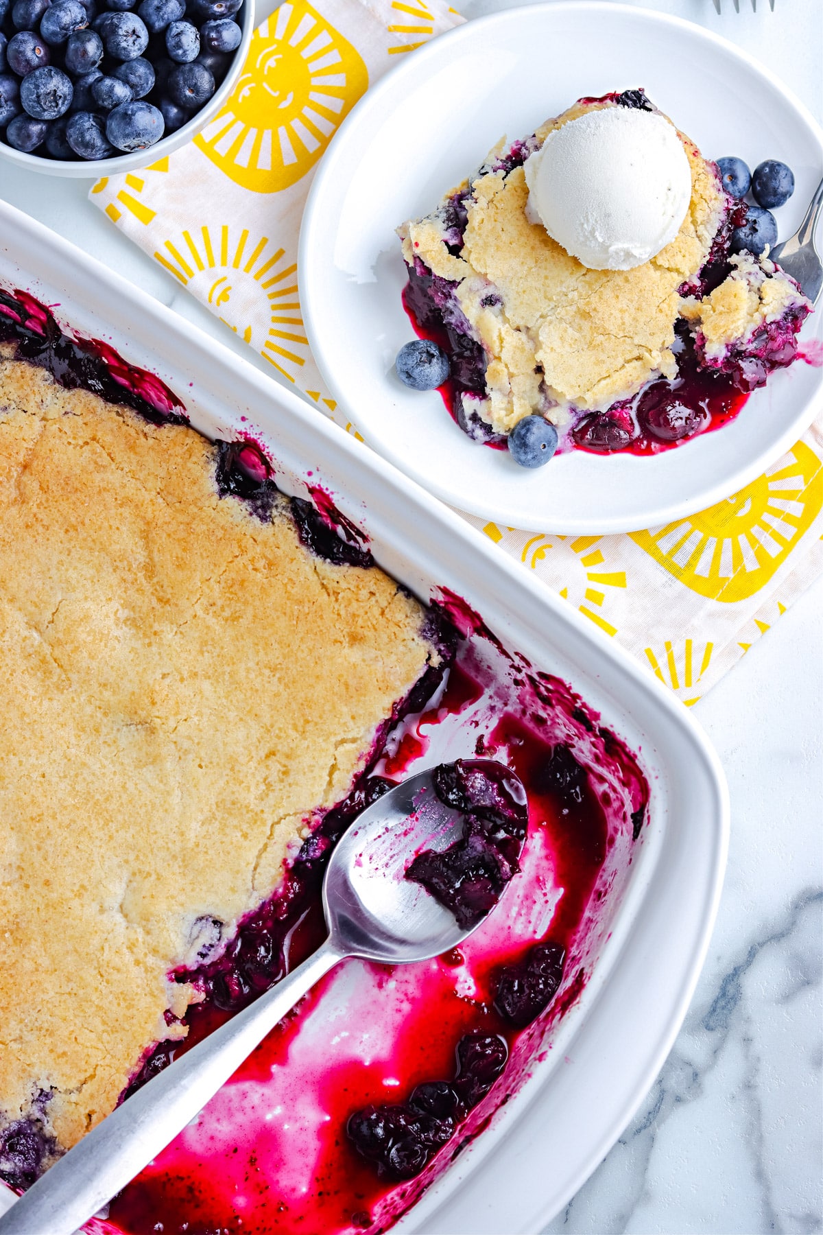 An overhead picture of the finished cobbler in a 9x13-inch baking dish.