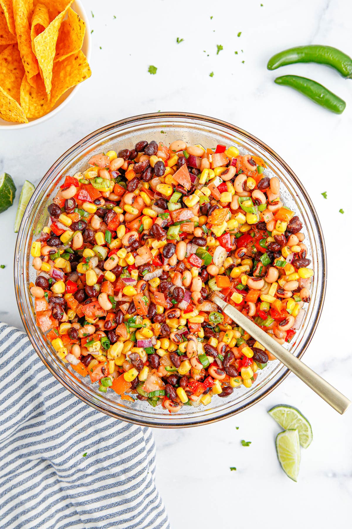 An overhead picture of the finished Cowboy Caviar recipe in a clear glass bowl.