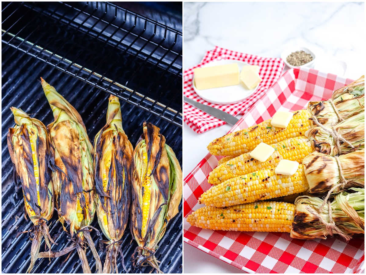 process shots for grilling corn on the cob by grilling the corn and removing and adding butter and other toppings